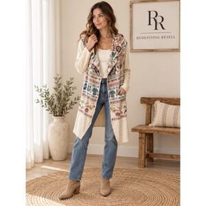 Biya Johnny Was Embroidered Hooded Cardigan Cream Multi Floral Longline XS